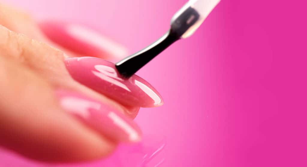 Applying,Nail,Polish,,Pink,Shellac,Uv,Gel,,Varnish,,Nails,Manicure